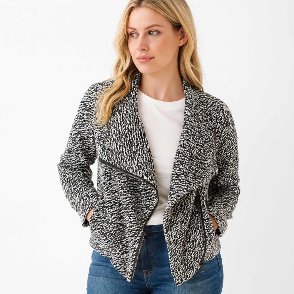 BLANKNYC Moto Jacket Womens M Asymmetrical Zip Black White Wool Blend Edgy Knit